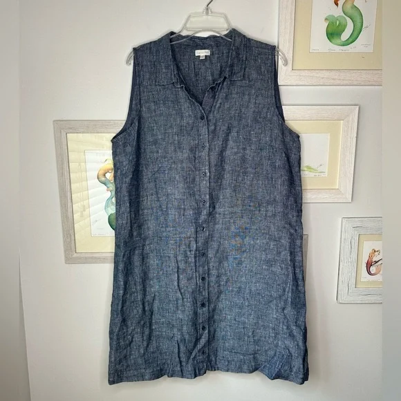 Garnet Hill Blue Linen Sleeveless Button Down Shirt Dress Women’s Size 18 - Picture 2 of 10